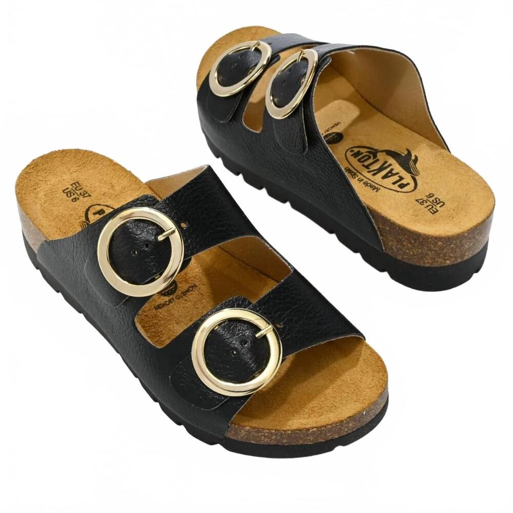 NEW PLAKTON women's cora slide-on dual strap adjustable sandals in metallic blac